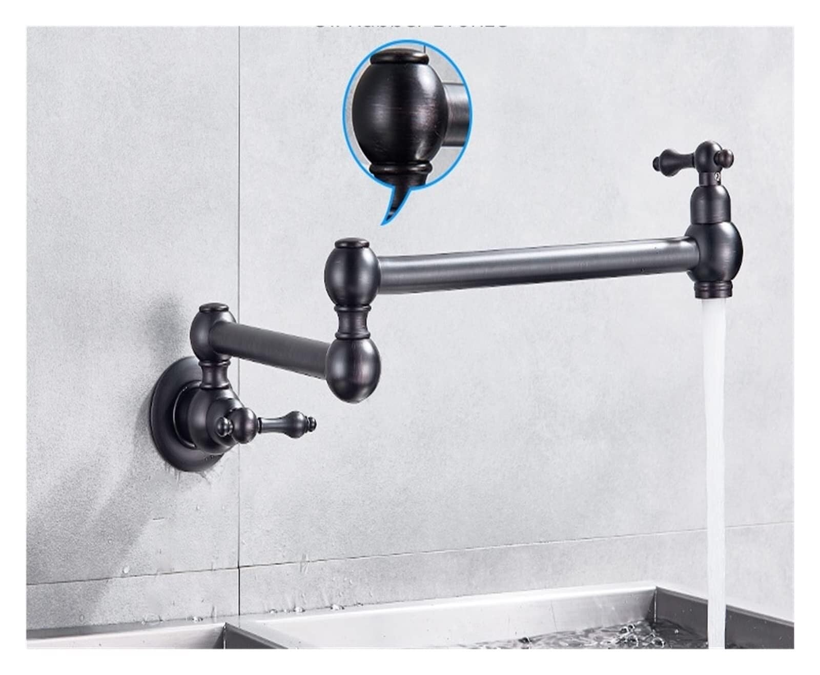 Robinet cuisine mural noir pivotant en laiton avec bec grand angle