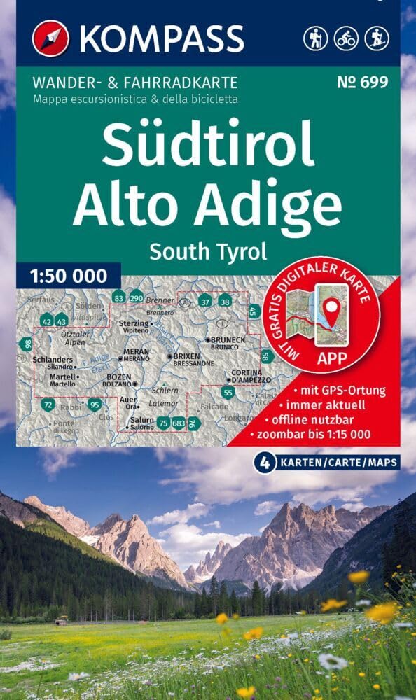 KOMPASS Wanderkarten-Set 699 Südtirol / Alto Adige / South Tyrol (4 Karten) 1:50.000: Wander- und Fahrradkarte in einem - inklusive Offline-Verwendung ... Radwege. Panorama. Skitouren. Langlaufen.