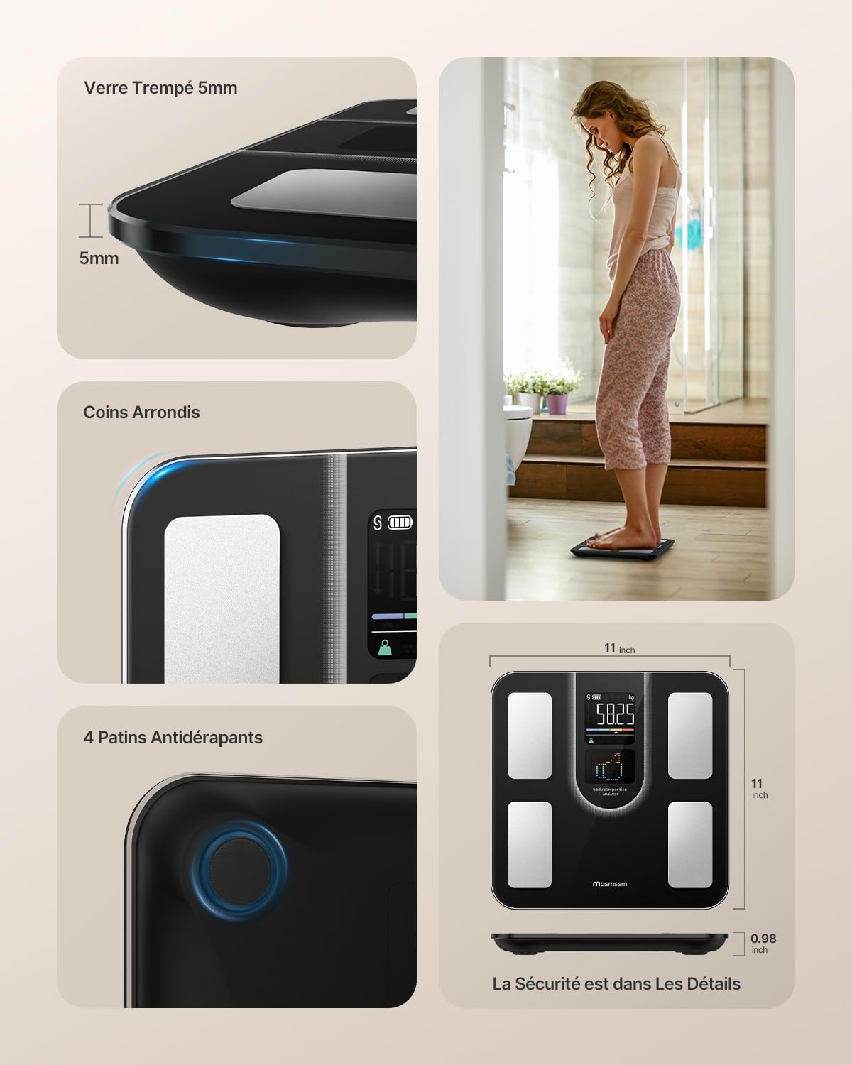 Balance Pèse-Personne, Balance Connectée Impédancemètre 9-en-1 Grand VA Écran, 22 Indicateurs, Fréquence Cardiaque, IMC, Graisse Corporelle Pour iOS & Android, Max. 180kg/ 400lb