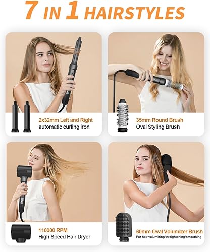 Miniatura 3 de Cepillo de secado de pelo difusor, 7 en 1, moldeador de cabello con envoltura de aire, secador de pelo de 1400 vatios para mujeres, herramientas de