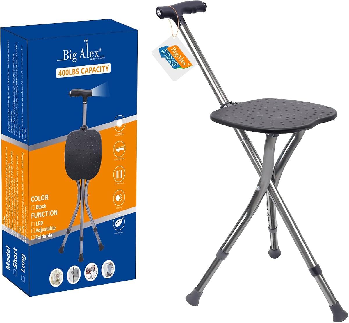 BigAlex Bastón plegable de aleación con asiento, bastón ligero ajustable con asiento, asiento de bastón con LED para personas mayores, silla de bastón para mujer/hombre, bastón antideslizante para personas mayores
