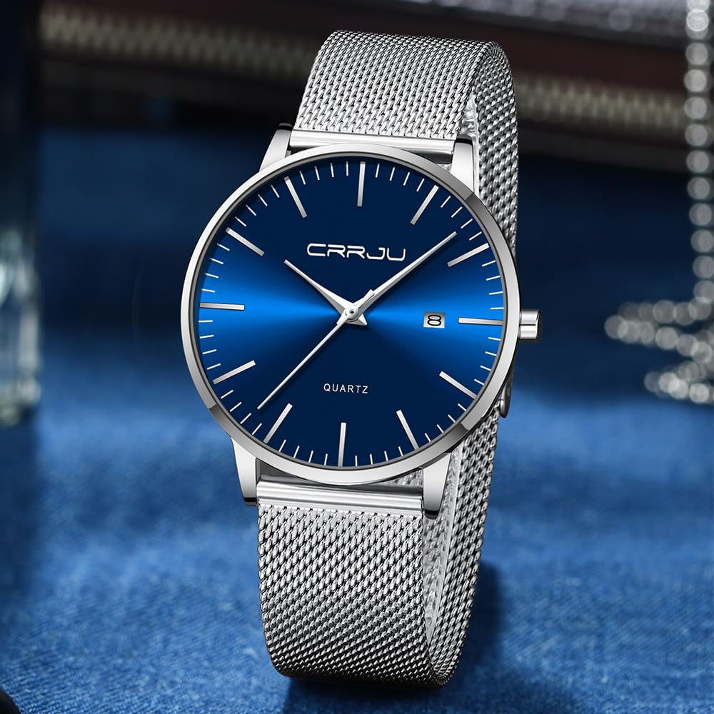 CRRJU Orologio Uomo da Polso Ultra Sottile, Minimalista Quadrante Classico Maglia Acciaio Inossidabile Cinturino, Impermeabile Analogico Quarzo Orologi con Data