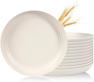 OAMCEG 12pcs Premium Wheat Straw Plates - 10 Inch Unbreakable Hard Plastic Dinner Plates Set of 12 - Kitchen Dishes Dishwasher & Microwave Safe Dinner Plates for Kitchen Outdoor Camping, Beige