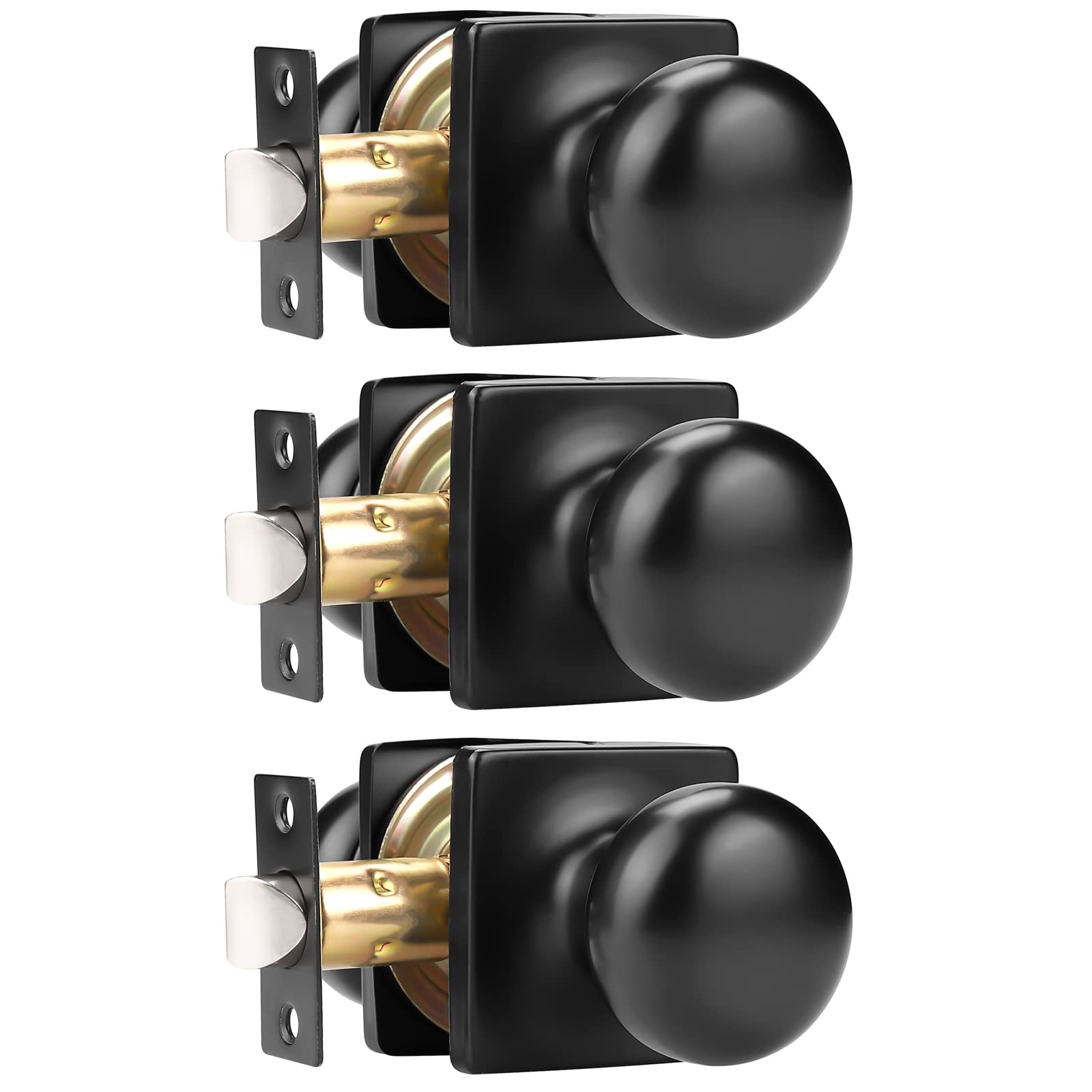 GOBEKOR 3 Pack Keyless Passage Door Knobs Matte Black Interior Door Knob with Lock Round Passage Knob for Hallway Stainless Steel Door Knob