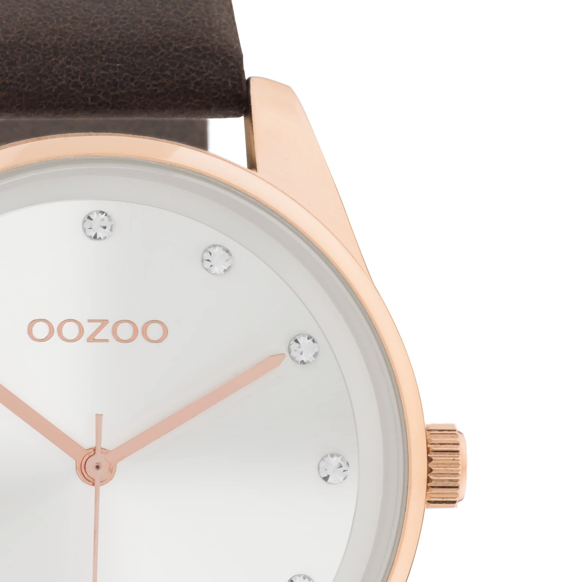 Reloj de mujer grande Oozoo con correa de cuero y esfera con 12 circonitas cúbicas de 42 mm de diámetro en diferentes variaciones, Marrón y oro rosa, Correas