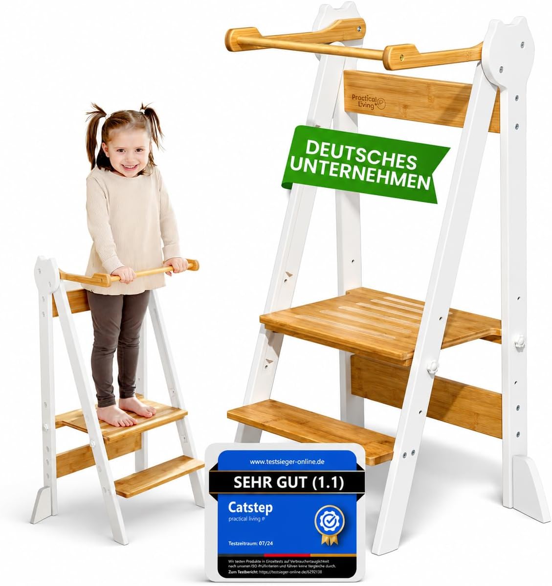Lernturm Montessori Platzsparend und höhenverstellbar aus Bambus mit Kippschutz &amp; Anti-Rutsch-Trittfläche für Kinder ab 1 Jahr (Klappbar) Learning Tower, Tritthocker, Schemel für Kinder