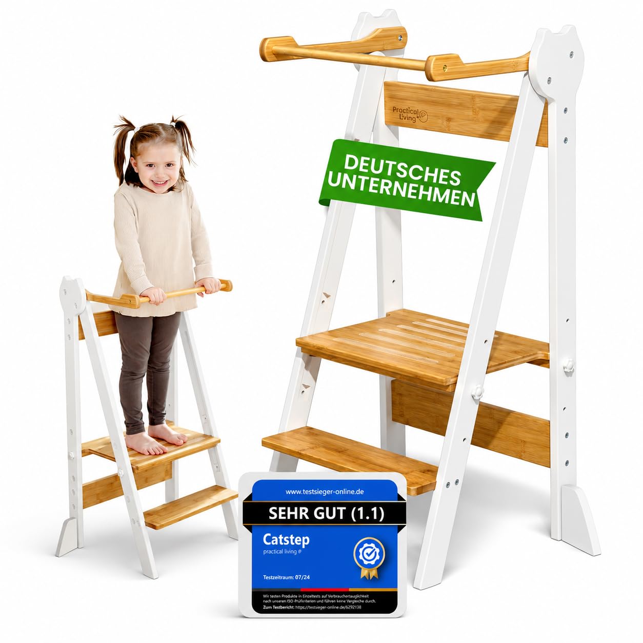 Lernturm Montessori aus Bambus, Klappbar, Tritthocker, Schemel für Kinder | Platzsparend, Höhenverstellbar, Kippschutz & Anti-Rutsch-Trittfläche, Für Kinder ab 1 Jahr