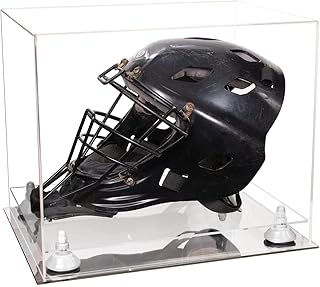 Better Display Cases Clear Acrylic Catchers Helmet Display Case with- Large Rectangle Box Clear Case White Risers and Mirror Base 14.5