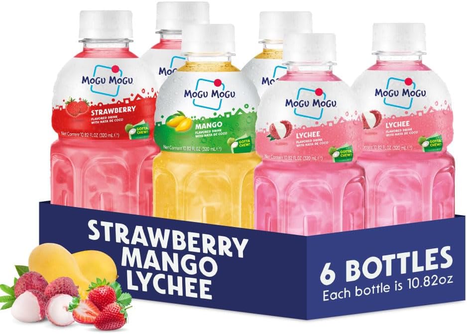 Variety Pack Juice Drink with Nata de Coco (Coconut Jelly) – Lychee, Strawberry & Mango, Chewy Fruit Beverage for Kids & Adults, 6 Pack Bottles, 10.82 fl oz Each