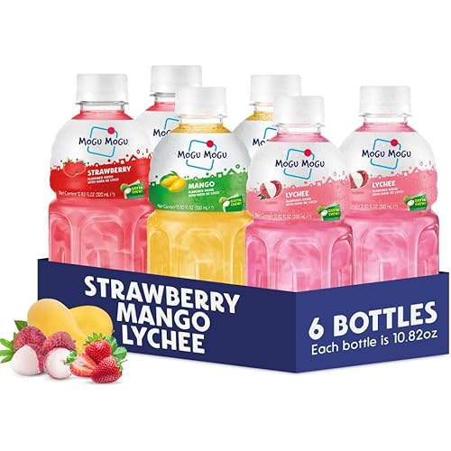 Mogu Mogu Variety Pack Juice Drink with Nata de Coco (Coconut Jelly) – Lychee, Strawberry & Mango, Chewy Fruit Beverage for Kids & Adults, 6 Pack Bottles, 10.82 fl oz Each