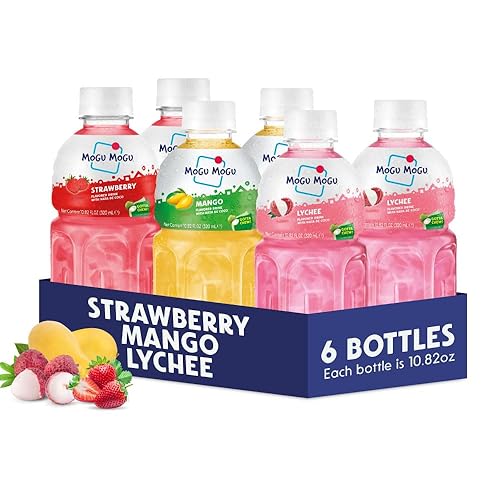 Mogu Mogu Variety Pack Juice Drink with Nata de Coco (Coconut Jelly) – Lychee, Strawberry & Mango, Chewy Fruit Beverage for Kids & Adults, 6 Pack Bottles, 10.82 fl oz Each - Assorted