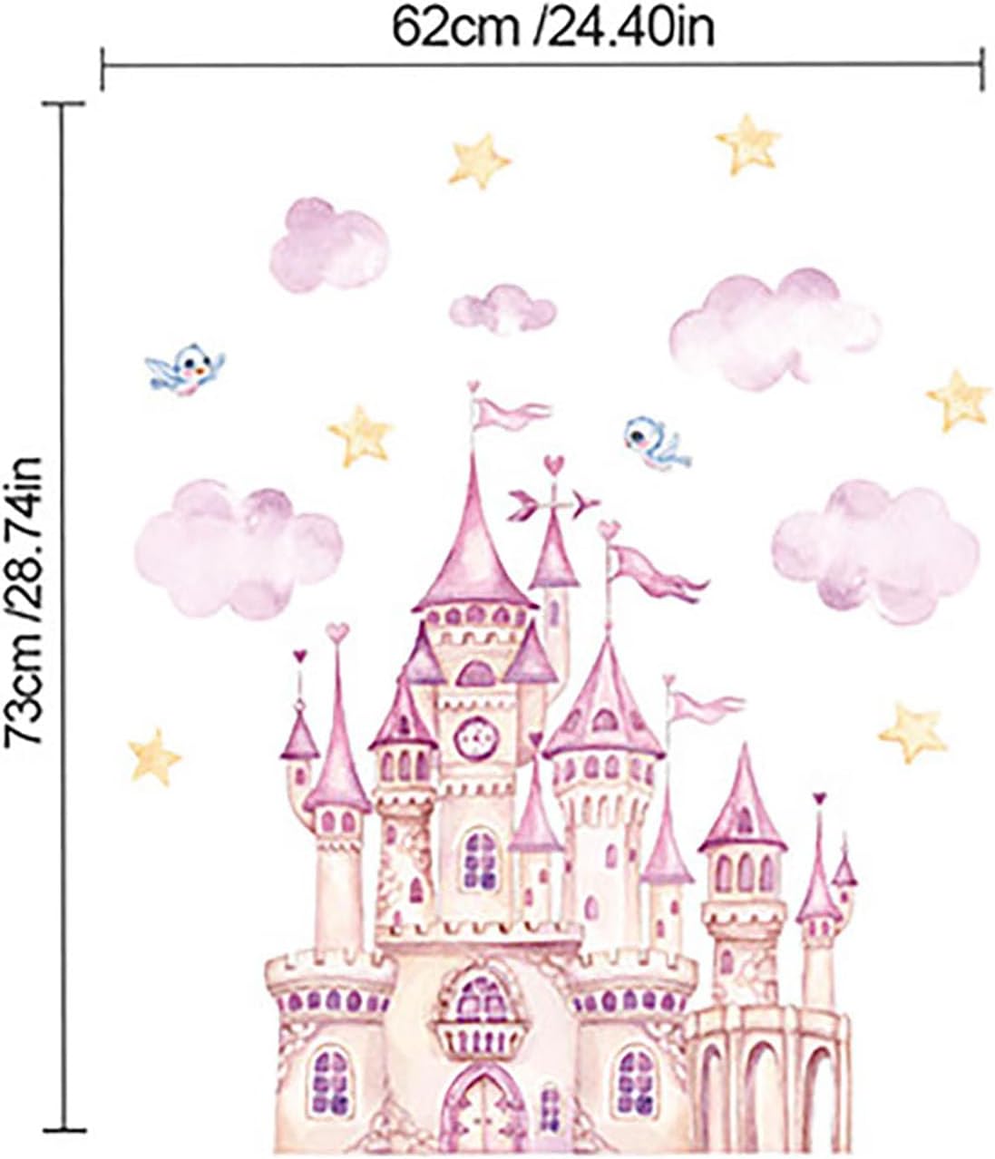 Pink Princess Castle Wall Stickers Large Cloud Star Princess Castle Peel and Stick Wall Decals, Removable Art Wall Decor for Bedroom Living Room Apartment Office Home Interior Decoration