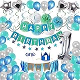 1st Birthday Decorations,Baby Boy First Birthday Party Supplies Include 87Pcs Silver Number 1 Balloons Crown High Chair Decoration Banners Hanging Swirls Paper Pompoms Blue and Green Balloons Cake Flags For One Year Old Baby