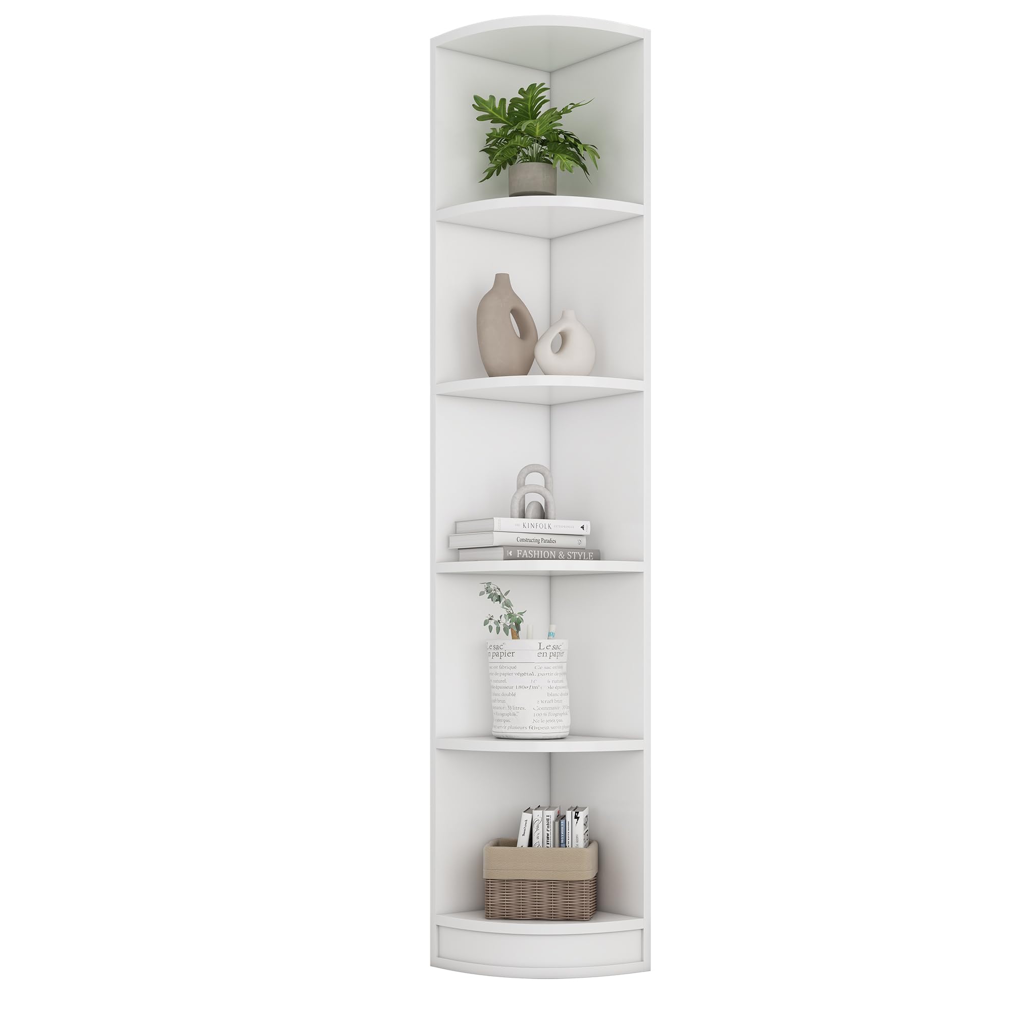 Libreria Angolare con MDF, Scaffale a 5 Ripiani con Elevata Portata, Libreria Salvaspazio ad Angolo, Scaffale Portaoggetti, adatto a Soggiorno Studio e Ufficio, Bianco, 42 x 30 x 180 cm