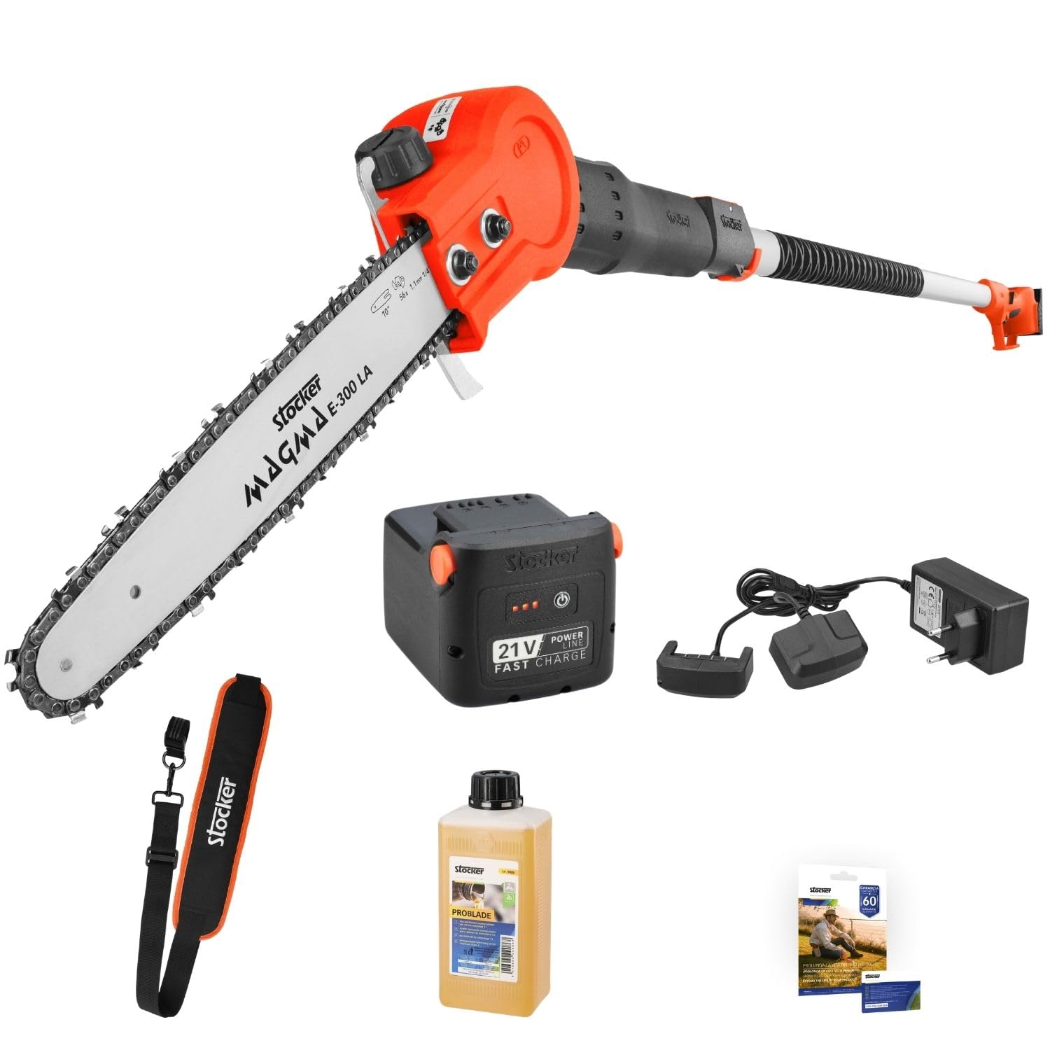 STOCKER - Kit Motosega Telescopica Magma E-300 LA 21V con Batteria Fast Charge 4,0Ah, Caricabatterie, Cinghia e Olio – Potatura in Altezza fino a 4,5 m