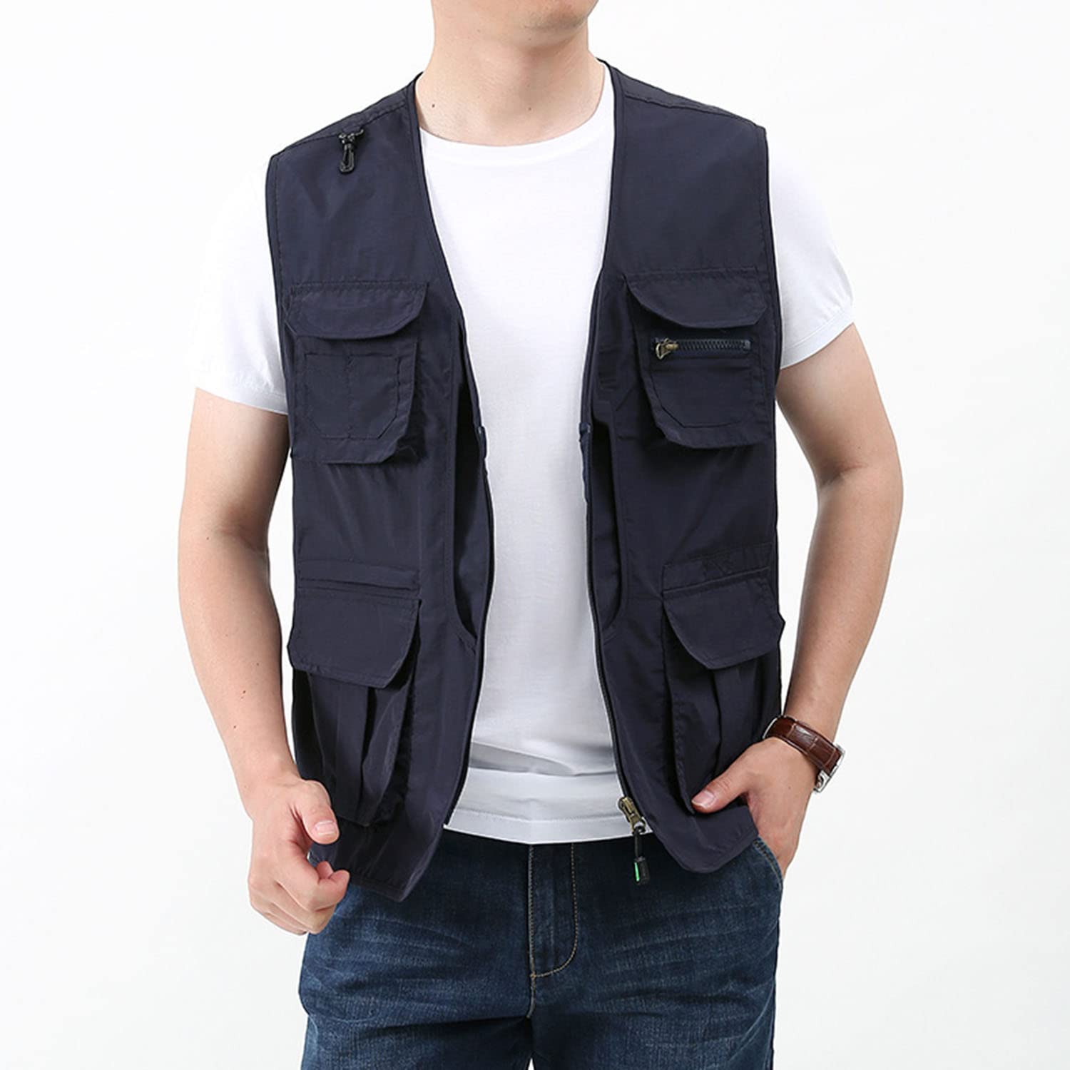 Chaleco para Hombre Chaleco Sin Mangas con Multibolsillos Chaleco De Pesca Exteriores Chaleco De Viaje Transpirable De Verano Chaqueta De Fotografía Utilitario