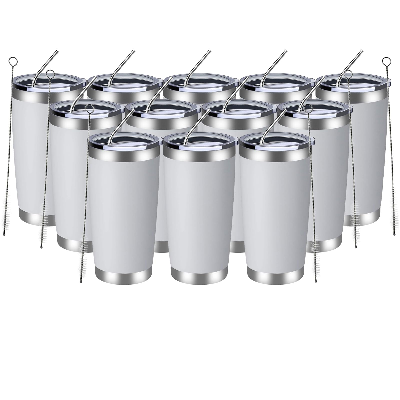 Photo 1 of MEWAY 20oz Tumbler 12 Pack Double Wall Vacuum Insulated Travel Mug Bulk, Stainless Steel Tumblers with Lid and Straw, Durable Powder Coated Coffee Cups for Cold & Hot Drinks (White, 12)