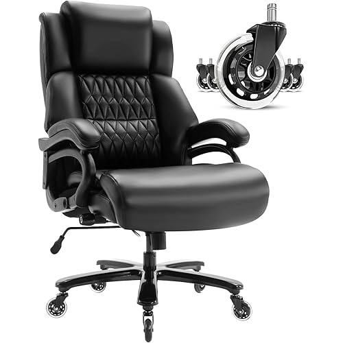 Big and Tall 400lbs Office Chair - Adjustable Lumbar Support Quiet Rubber Wheels Heavy Duty Metal Base, High Back Large Executive Computer Desk, Thick Padded Ergonomic Design for Back Pain (Black)