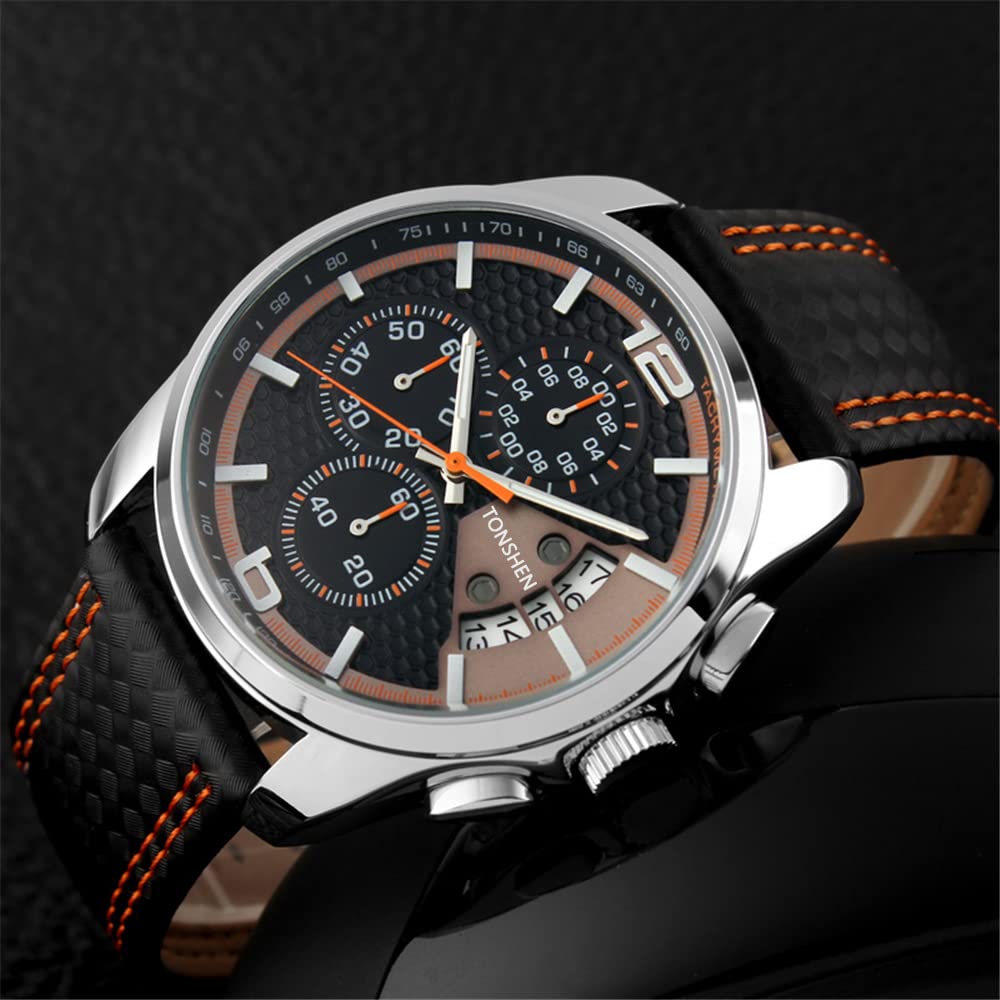 TONSHEN Relojes de Hombre Acero Inoxidable Caja y Cuero Correa Analógico Cuarzo Deportivos Relojes de Pulsera Fecha Cronómetro