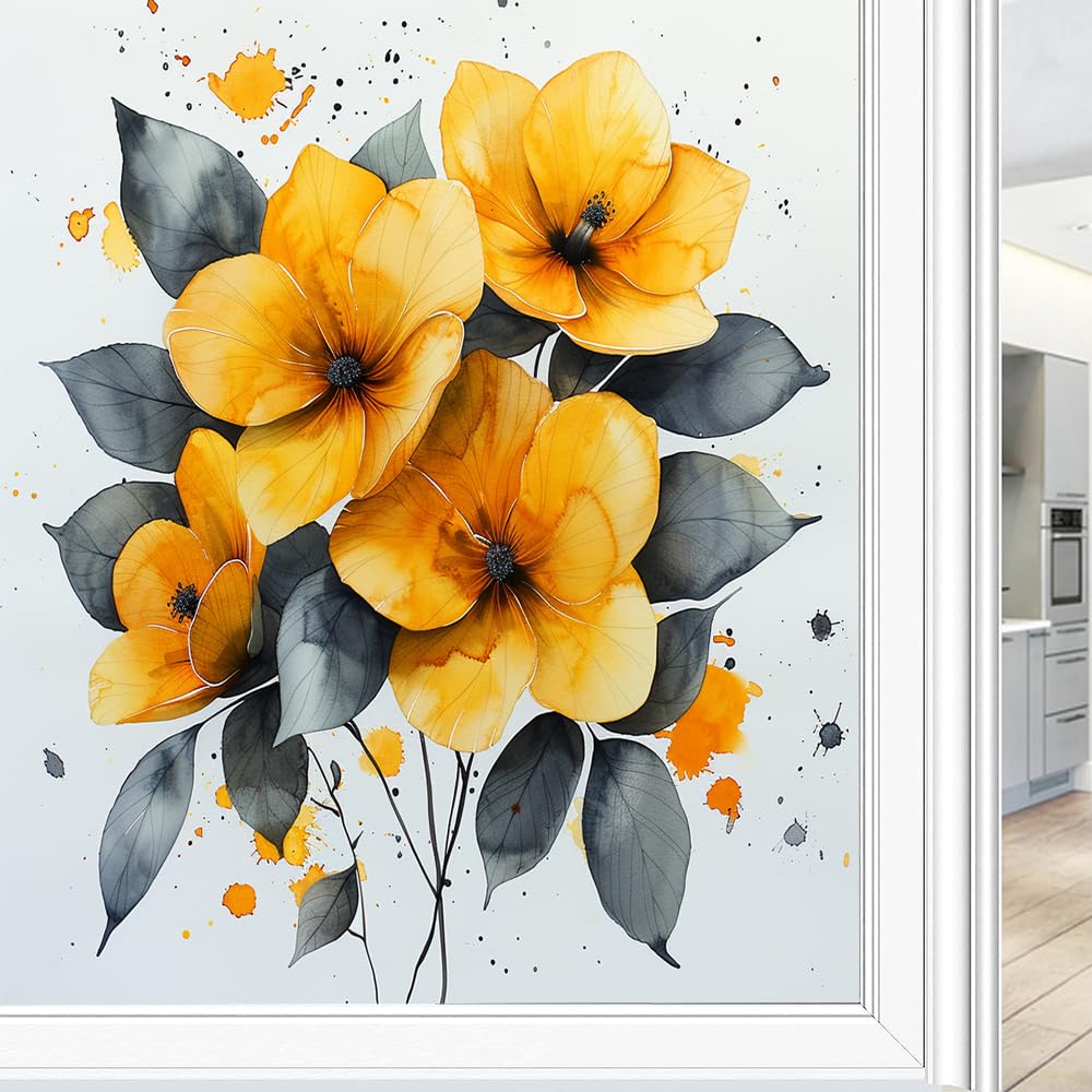 Aquarell-Blumen-Fensterfolie, Retro, gelbe Blumen, schwarze Blätter, Milchglas-Fensterfolie, dekorativ, statisch haftend, für Glas für Zuhause, 90 x 140 cm