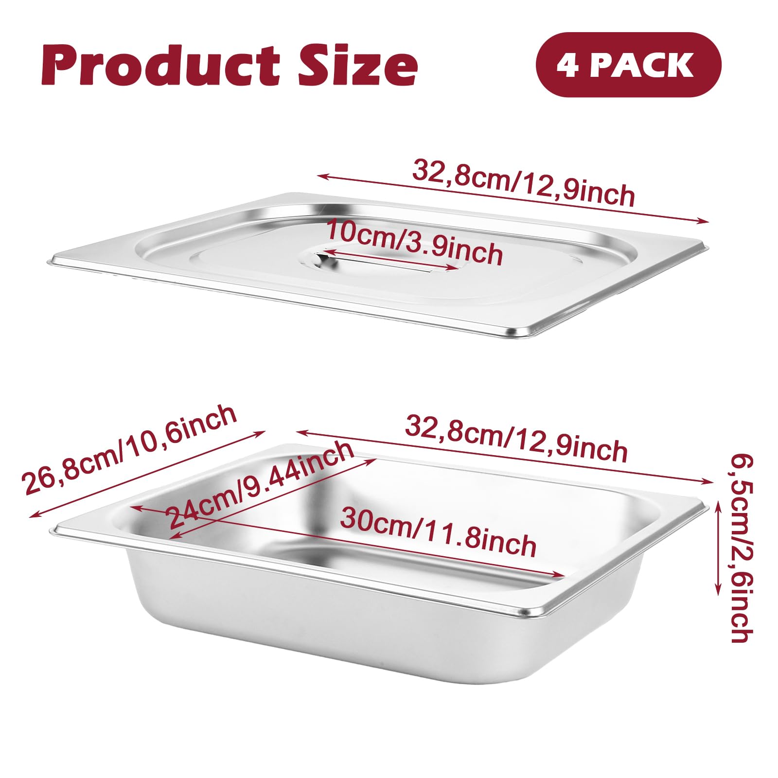 Paquete de 4 sartenes Gastronorm de 1/2 con tapas, 325 x 265 x 65 mm, recipientes de acero inoxidable para alimentos, 6,5 cm de profundidad, 1/2 GN, bandeja para cocina, hotel, restaurante