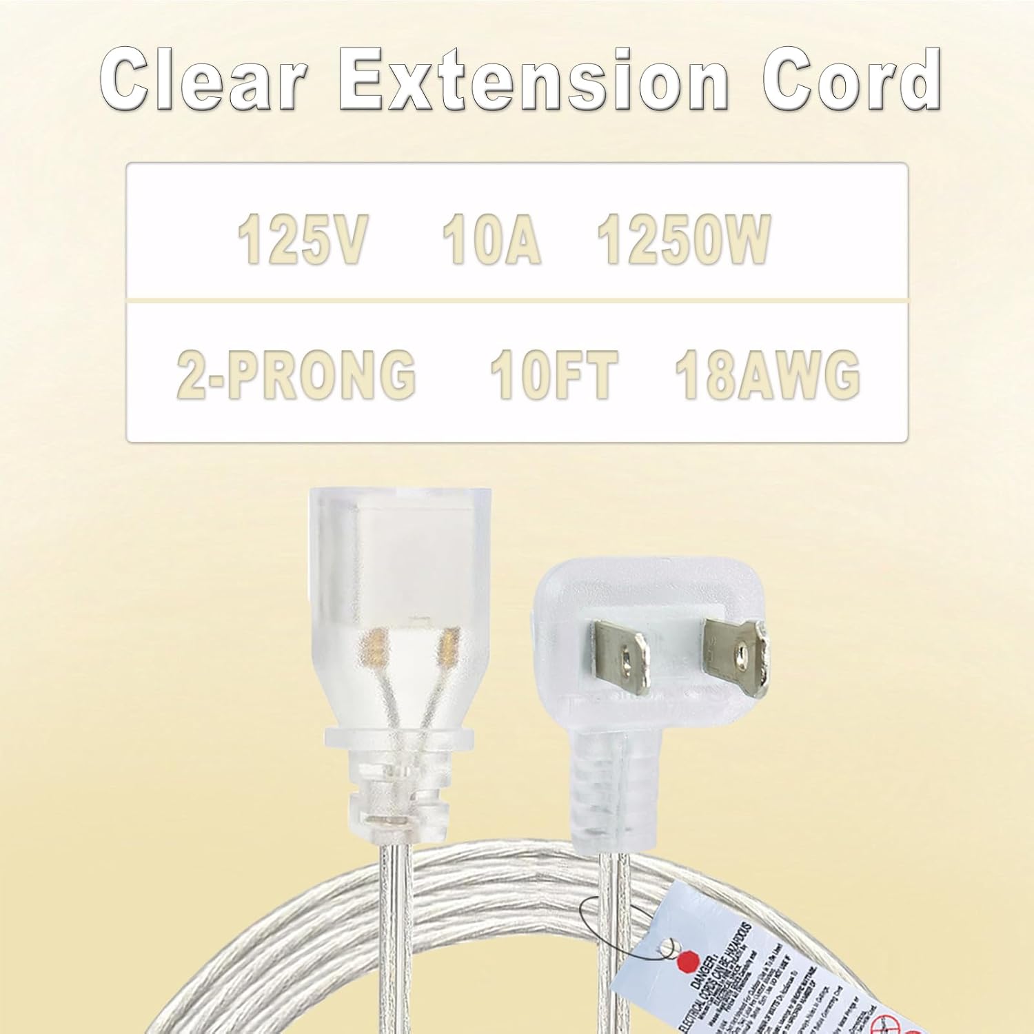10 FT Clear Extension Cord,Indoor Thin 2 Prong Extension Cord with Flat Plug, Invisible Slim Extension Cable for Christmas Lights, Lamps & Holiday Lighting (18AWG, 10A/125V)