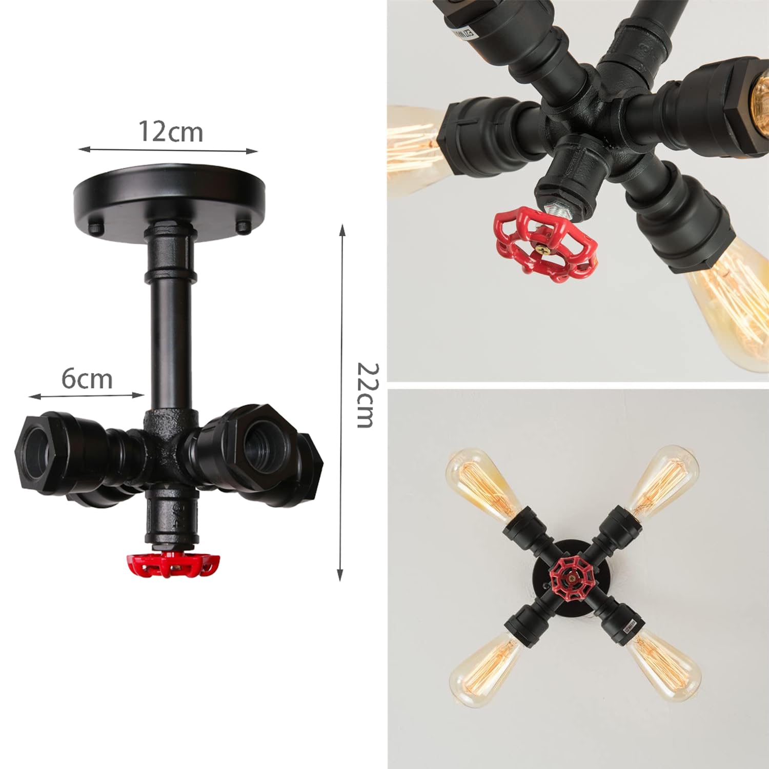 Vintage Plafonnier Tube d'eau Industriel Lustre Luminaire en Métal Rétro Suspension 4 Tête lampe Design E27 pour Salon Cuisine Couloir Loft Chambre (Noir)