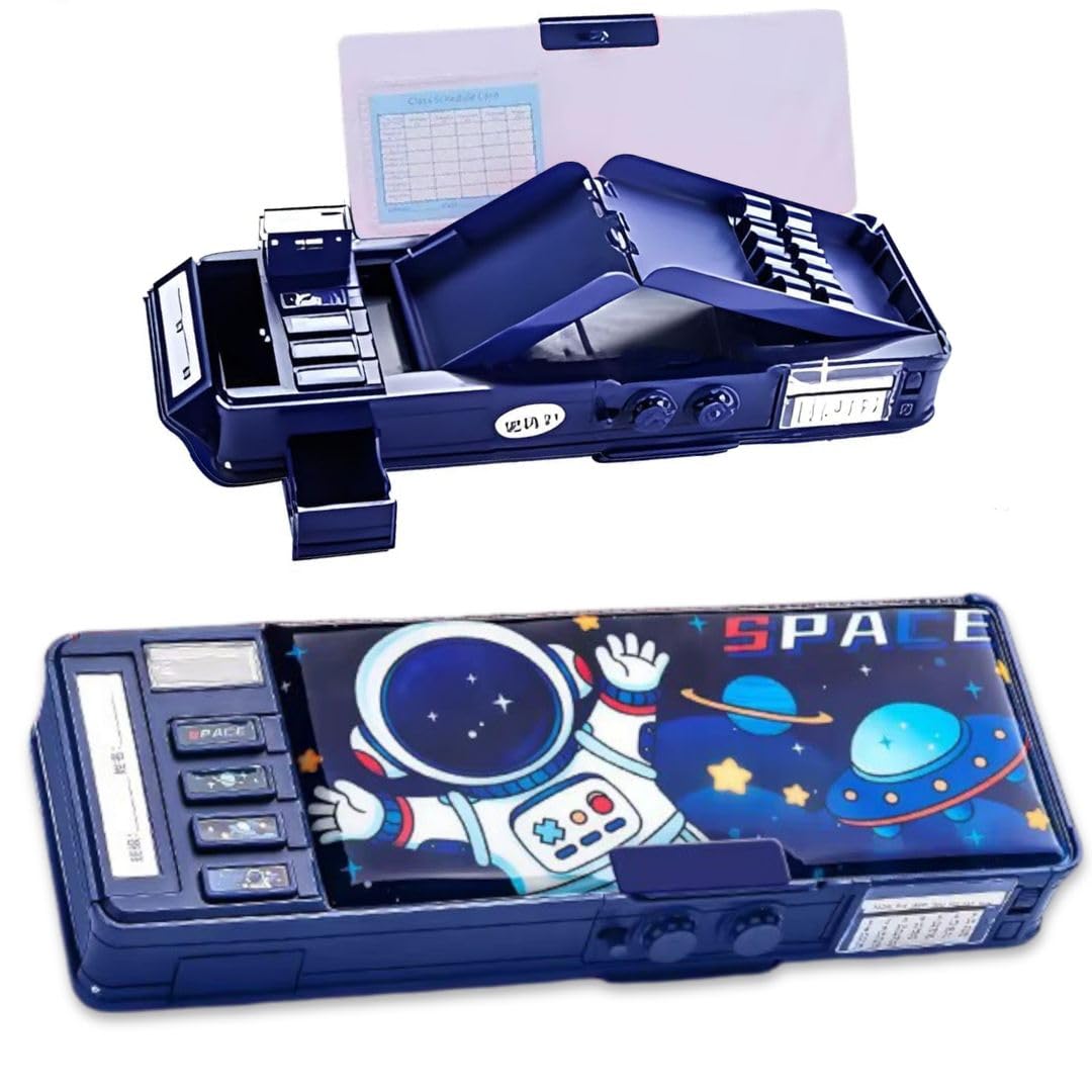 Cute Cartoon Multifunction Pencil Case, Password Lock Pencil Box with Scissors, Ruler & Sharpener, School Supplies for Boys & Girls, Galaxy Space Theme Return Gifts for Kids (Blue Astronaut)-image-41