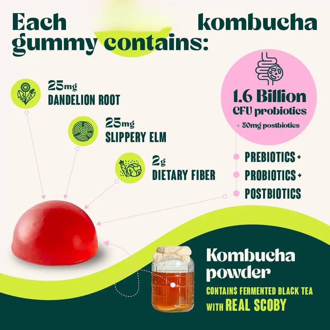 Gomitas probióticas de Kombucha - Contiene prebióticos, probióticos y posbióticos - Probióticos para hombres y mujeres - Vegano, sin OGM