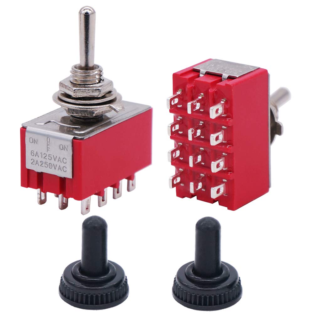 Twidec/2個 ミニトグルスイッチ 4PDT 3ポジション 12ピン オン/オフ/オン ミニチュアトグルスイッチ AC 6A/125V 2A/250V 防水キャップ付きカーボートスイッチ MTS-403-MZ