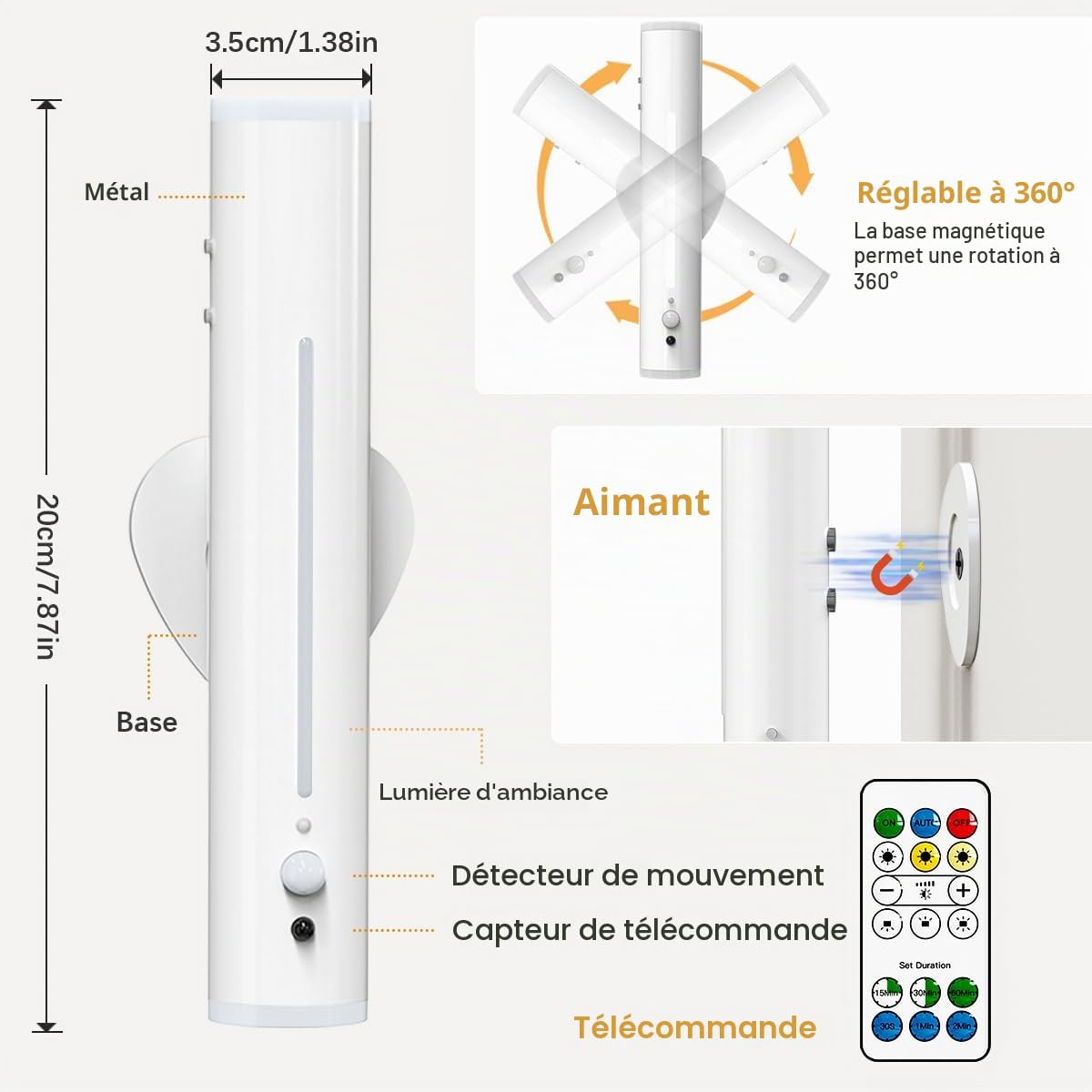 Lampe LED Murale Sans Fil Rechargeable, avec Detecteur de Mouvement 2 PCS