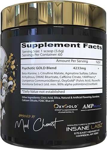 Miniatura 14 de Insane Labz Psychotic Gold - Polvo estimulante para pre entrenamiento, energía extrema, concentración, levantamiento de pesas y resistencia con beta