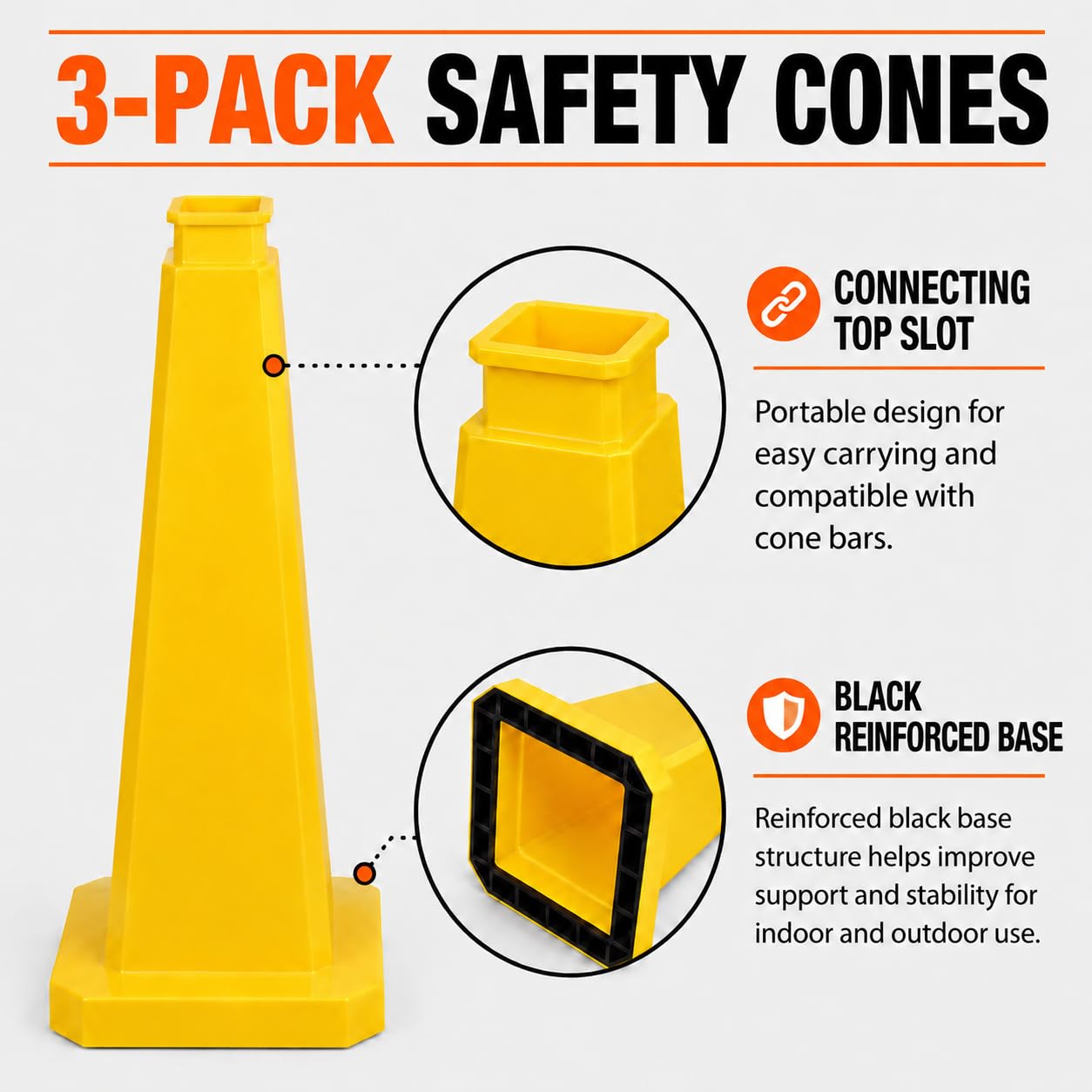 Cône de Sécurité, 71 cm, Cône de Signalisation Lourd avec Base Lestée, Haute Stabilité pour Parkings, Chantiers et Événements, sans Impression (3, Jaune)