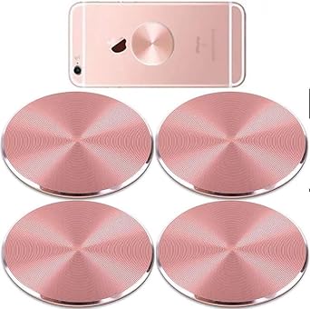 SALEX Cute Pink Metal Plates Set 4 Pack for Magnetic Car Mount. Kit of 4 Rose Gold Round Discs Without Holes for Phone Holder, Case. Strong 3M Adhesive Cell Phone Magnet Stickers Replacement