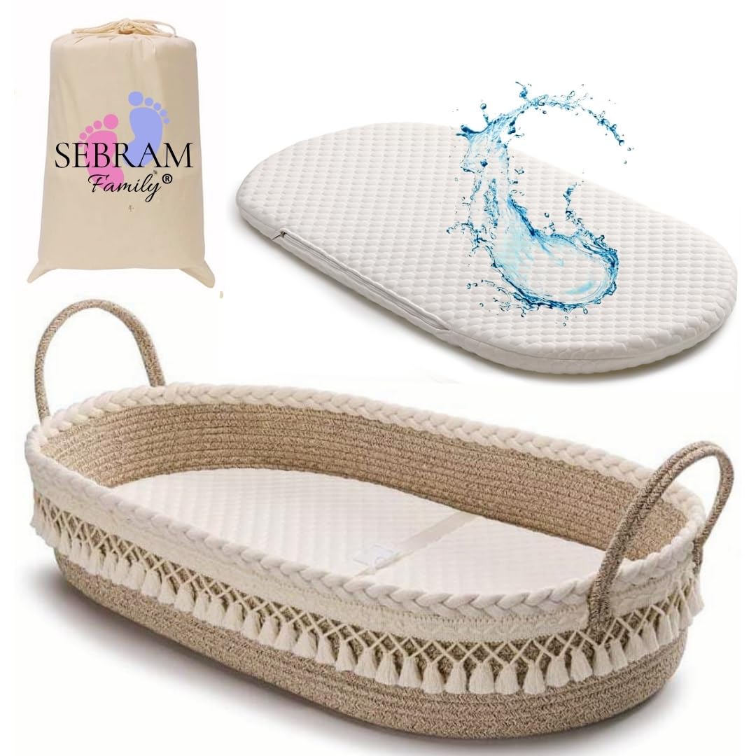 SEBRAM Luxury Changing Mat, Baby Diaper Basket with Extra Travel Mat, Foam Mattress and Water-Repellent Cover, Moise Baby Basket Made of Cotton Rope (GREEN