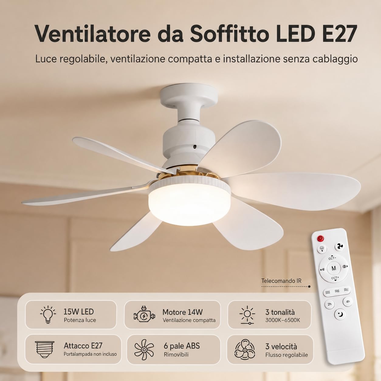 MARSI Ventilatore da Soffitto con Luce LED 52 cm, Lampadario con Ventilatore E27, 6 Pale, Motore DC, 3 Velocità, Luce Dimmerabile, Telecomando IR, per Camera e Soggiorno