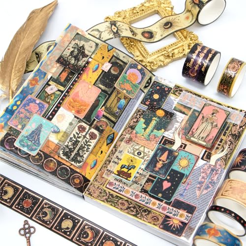 IEEBEE Goldfolien Washi Tape Set – 23 Rollen Tarot-Motive, Vintage Dekorationsstreifen für Journaling, Scrapbooking, DIY-Bastelbedarf, Junk Journal, Karten (Himmelsymbole/Sternenhimmel/Magie)
