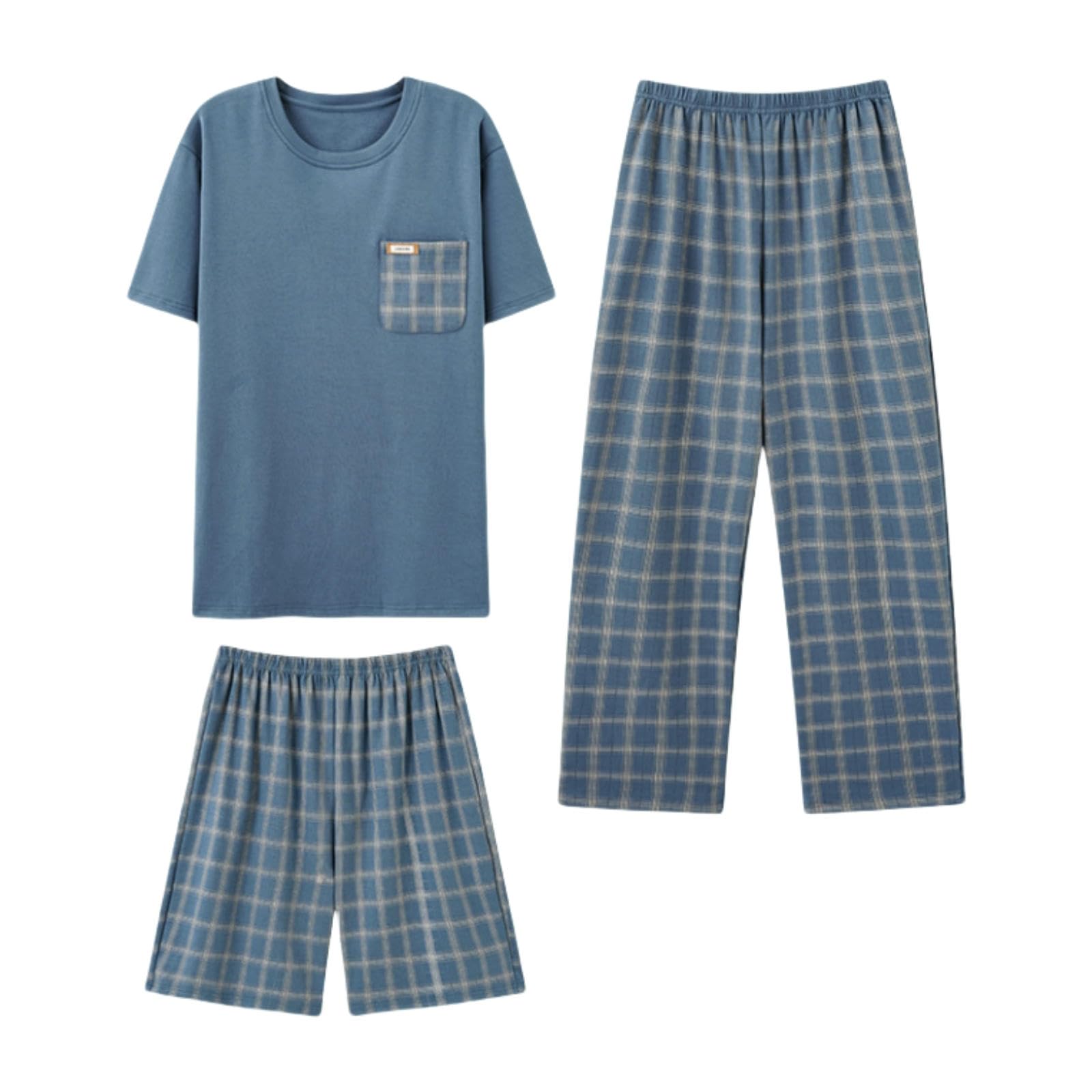 Pigiama Uomo Estivo Pantini di Cotone per Corto da Pajamas in Tre Pezzi Pantaloncini A Maniche Corte Sottili Grandi Dimensioni Casual Sciolte Dimensioni-Blu Blu-XL