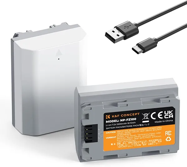 K&F Concept 2600mAh NP-FZ100 Battery, 2-Pack USB-C A7iii Battery Compatible with Sony A7iv, A7iii, A7C, A6600, A6700, FX3, FX30, ZV-E1, A9, Alpha 9, Alpha 9S, A9S, A7RIII, A7RIV, A7RV, A7Siii Cameras