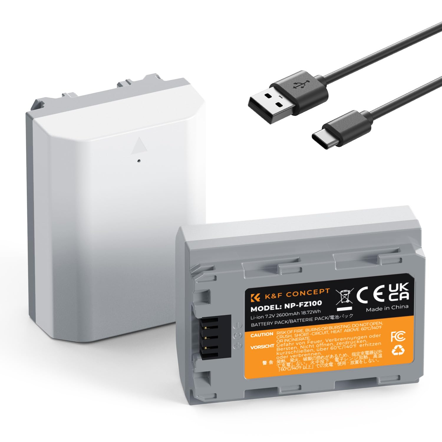 K&F CONCEPT 2-Pack 2600mAh NP-FZ100 Battery, USB C A7iii Batteries with 2.5H Fast Charging Compatible with Sony A7iv A6700 A7Cii A7 A6600 FX30 FX3 A9 A1 ZV-E1 Cameras