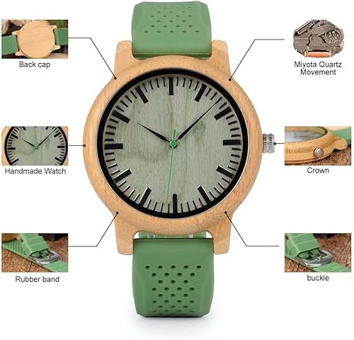 Miniatura 7 de BOBO BIRD Reloj de madera de bambú neutro grande de 173 pulgadas para hombre y mujer unisex de cuarzo analógico de Japón correa de silicona verde