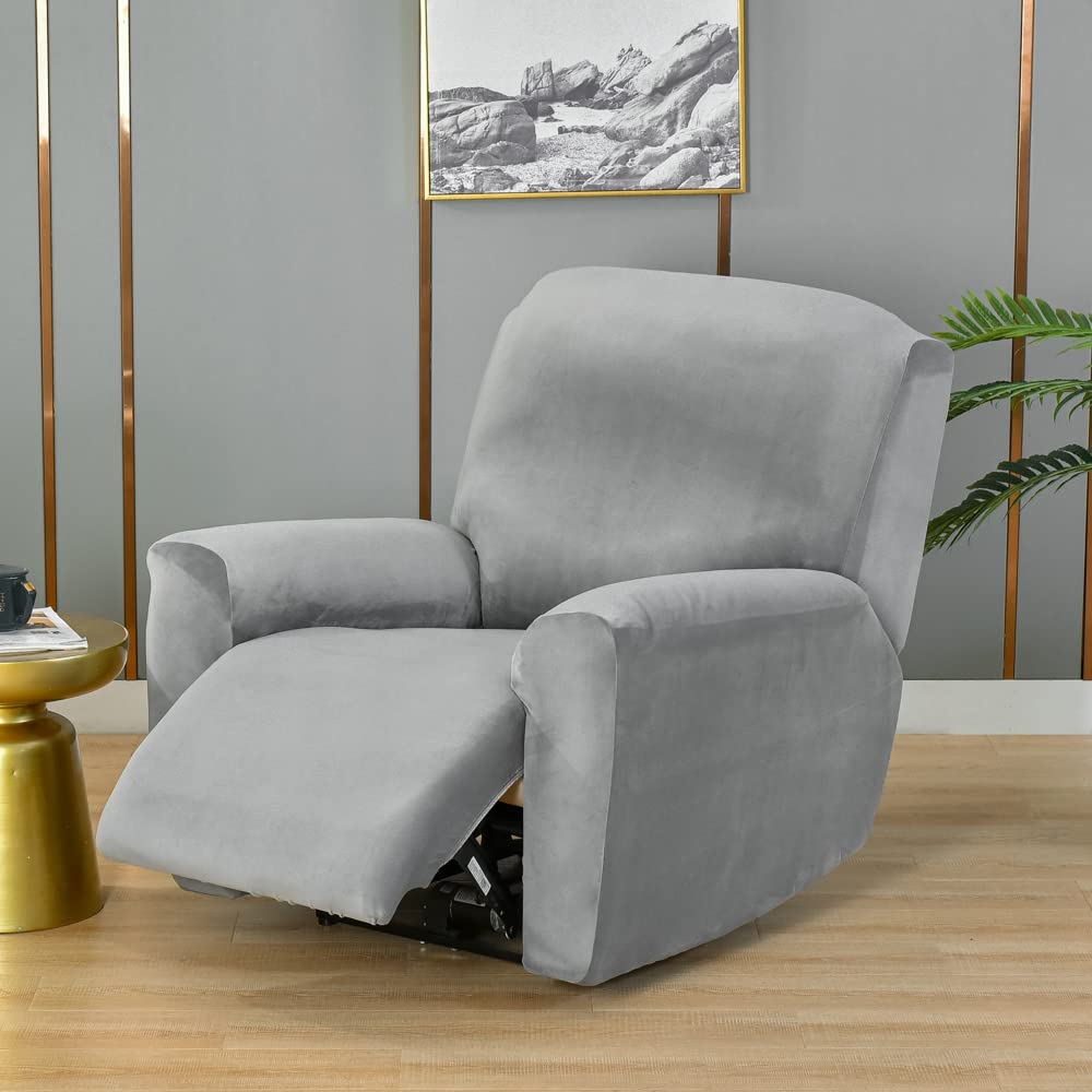 Funda para silla reclinable eléctrica con bolsillos, funda elástica de terciopelo grueso para sillones, protector de muebles gris sólido para sala de estar, fundas de sofá, fácil cuidado