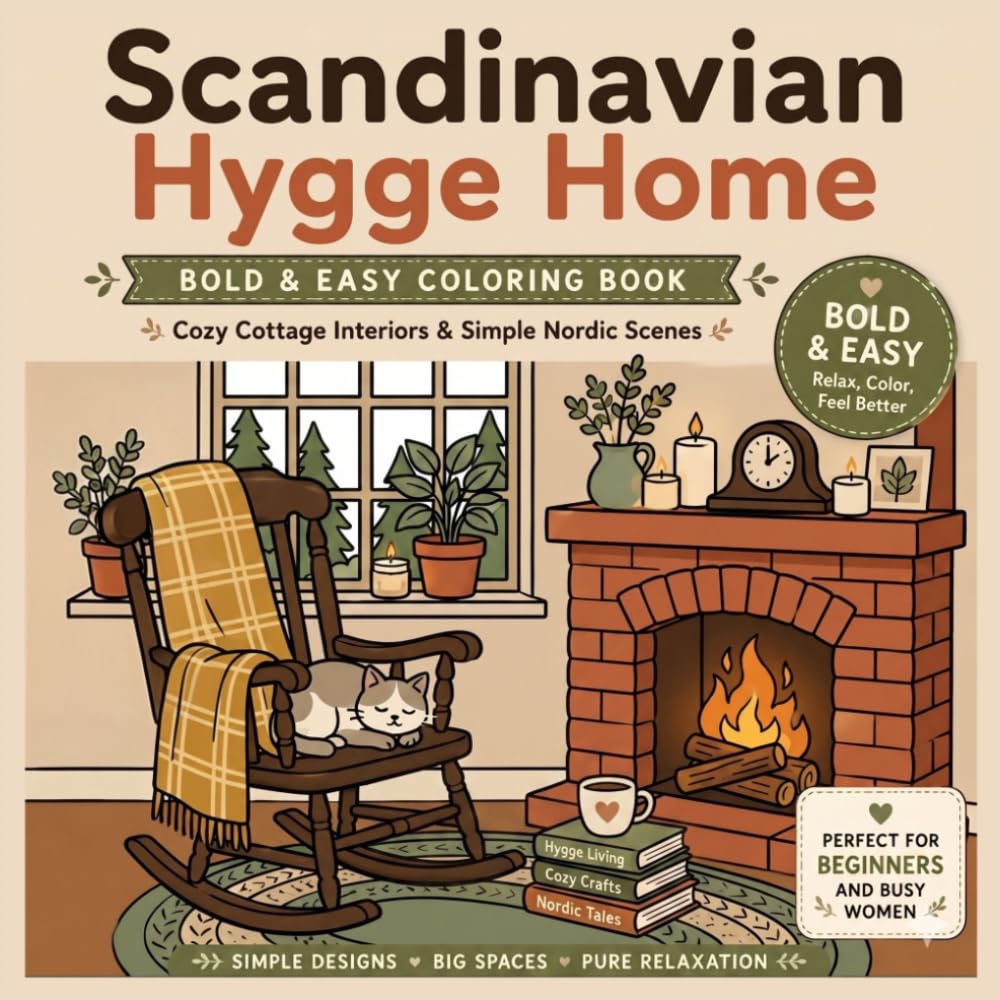 Scandinavian Hygge Home: A Bold and Easy Coloring Book of Cozy Cottage Interiors and Simple Countryside Scenes
