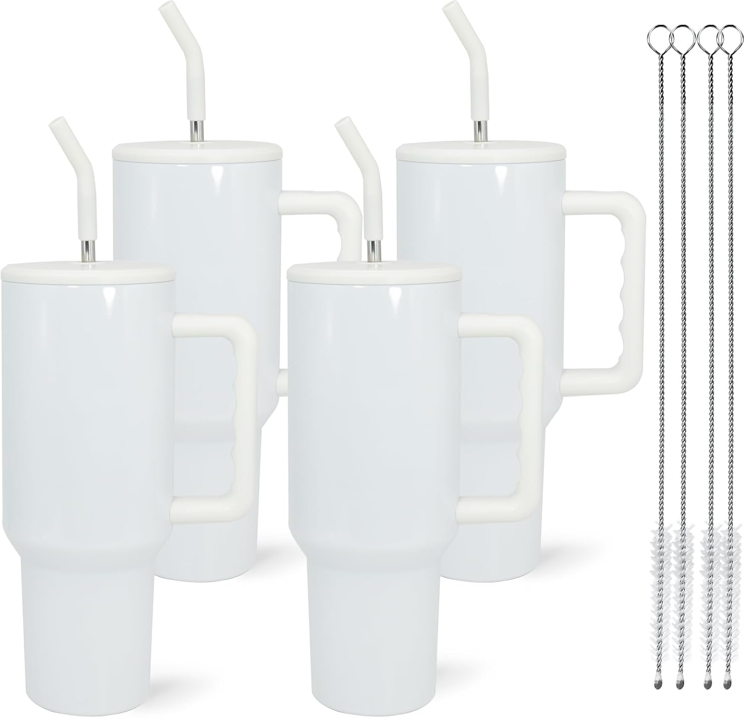 40 oz Sublimation Tumbler with Handle and Straw Keeps Cold for 34 Hours Leakproof Double Wall Vacuum Insulated Travel Mug 40 oz Stainless Steel Cup Tumblers Bulk Sublimation Blank White 4 Pack
