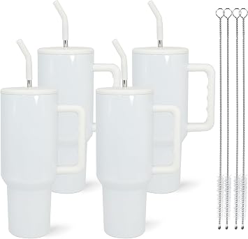 40 oz Sublimation Tumbler with Handle and Straw Keeps Cold for 34 Hours Leakproof Double Wall Vacuum Insulated Travel Mug 40 oz Stainless Steel Cup Tumblers Bulk Sublimation Blank White 4 Pack