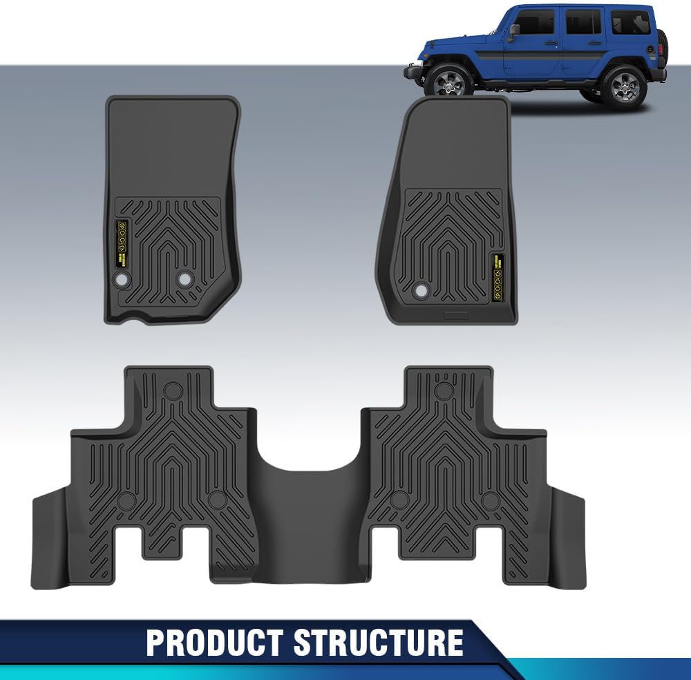 PIT66 TPE Floor Mats Liners 3PCS Compatible with Jeep Wrangler JK Unlimited 4 Door Only (Non JL or 4XE) 2013-2018 All Weather Protection Black Floor Liners