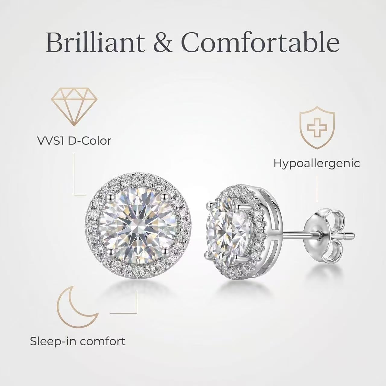 Moissanite Stud Earrings for Women 0.5-4ct Lab Created Diamond Earrings 18K Gold Plated Sterling Silver Hypoallergenic Flat Back Earrings for Men Birthday Gifts for Mom Wife Girlfriend