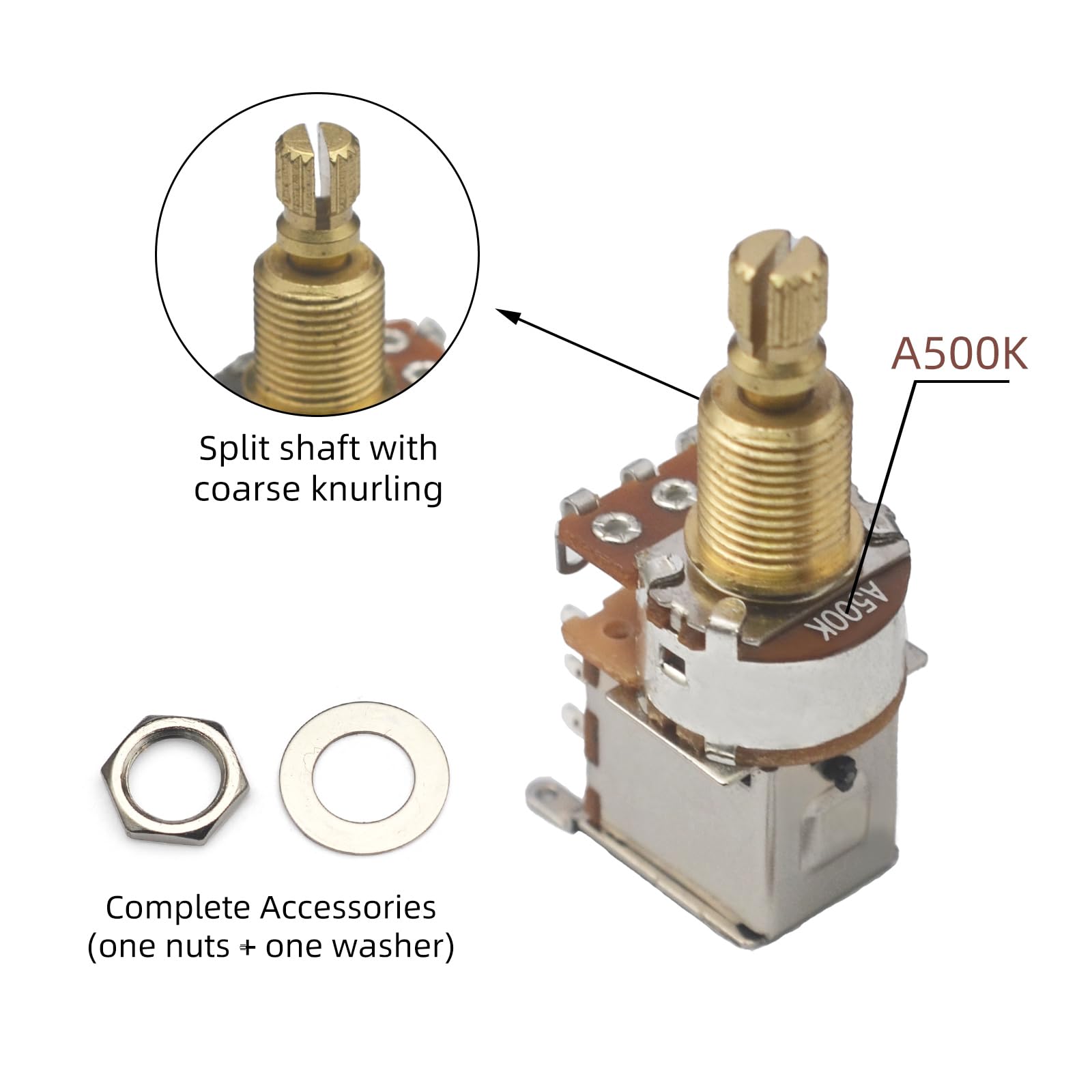 SAPHUE Pro Brass Full Metric Size Push Pull Potentiometer Guitar Pots Audio Taper A500K Potentiometers for Electric Guitar (A500K)