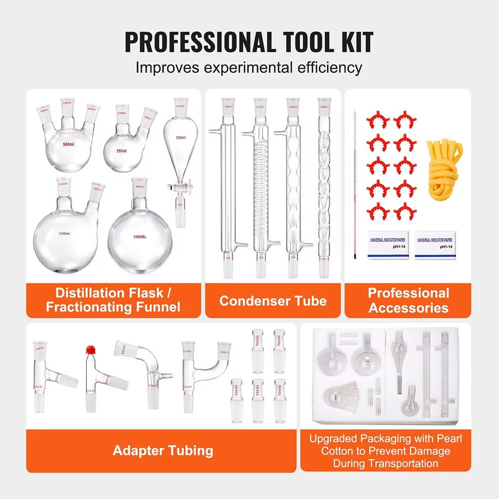 Labor-Destillationsset, 32-teiliges Set, Glaswaren-Destillationsset Mit 24/40-Verbindung, 1000 Ml, Geräteset for Ätherische Öle
