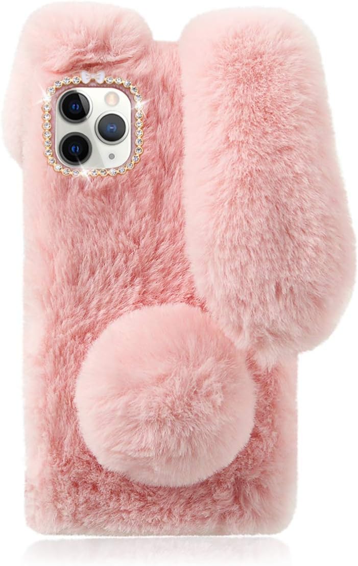 Mikikit Fluffy Case Compatible with iPhone 12/12 Pro, Cute Bunny Ear Case Warm Smooth Rabbit Fur Cover with Sparkly Diamond TPU Soft Phone Shell Kawaii Plush Phone Case, Pink